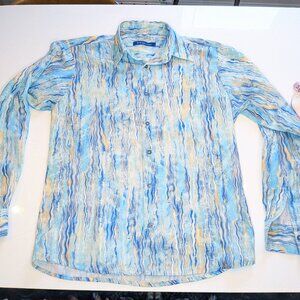 Georg Roth Men's Printed Linen Long Sleeve Button Down Shirt in Blue and Yellow